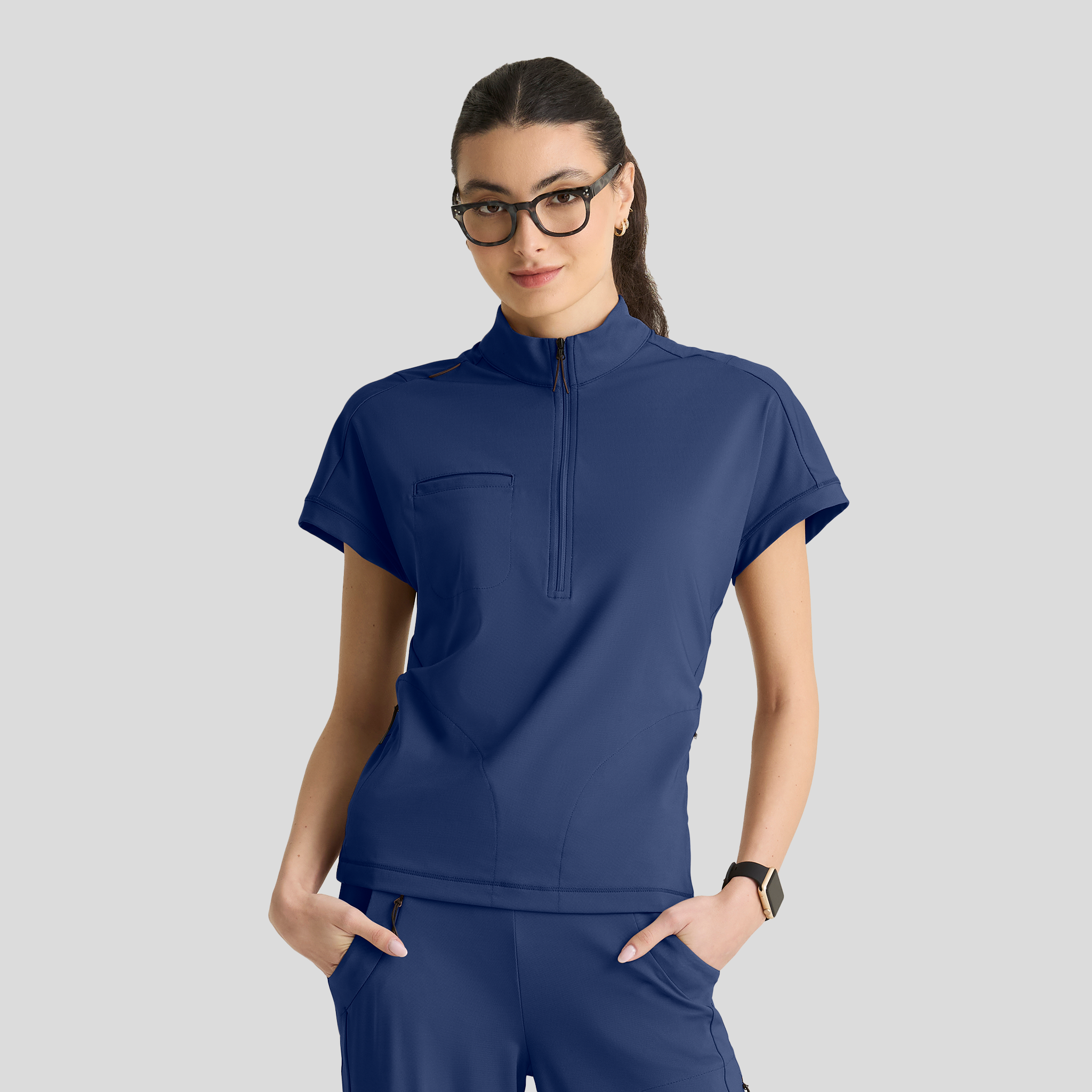 Crystal 3-Pocket Mock Neck Zip-Placket Top | Navy