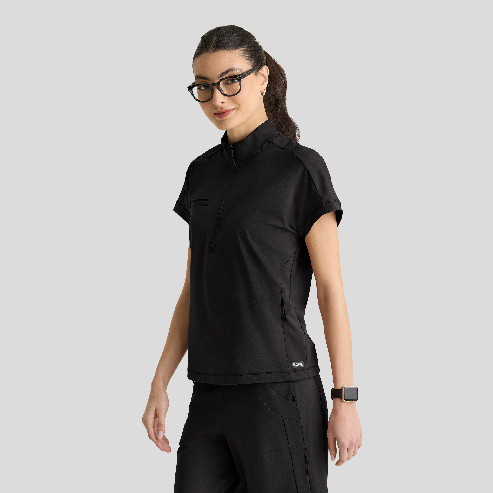 Crystal 3-Pocket Mock Neck Zip-Placket Top | Black