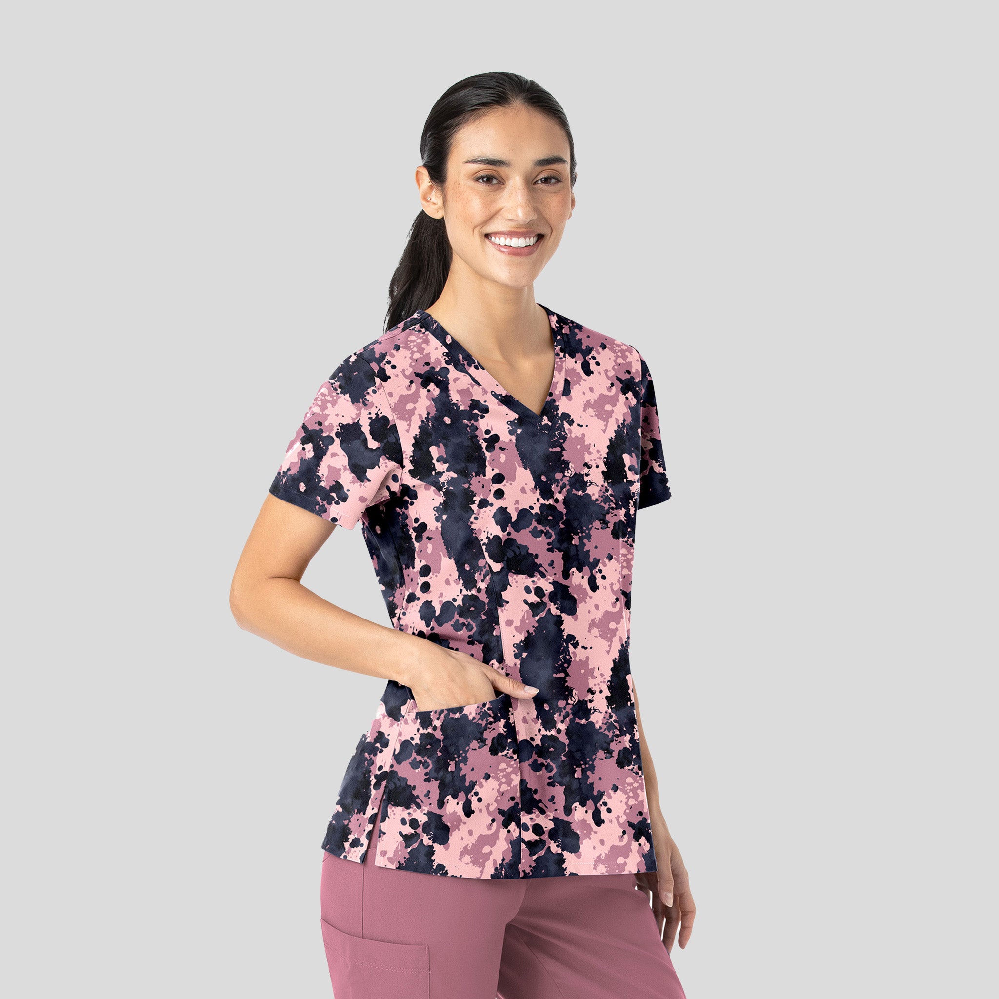 Curved V-Neck Print Top | Inked Bloom